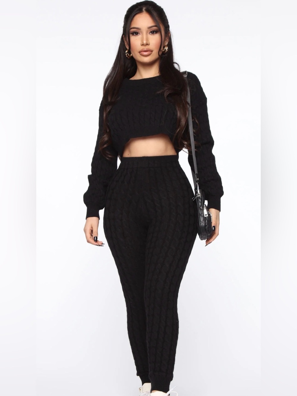 Fashion Nova Black Cable-Knit Cropped Sweater Set